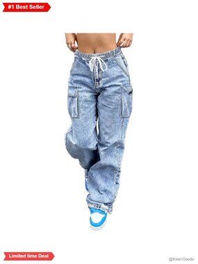 High Waisted Wide Leg Cargo Jeans Stretchy Baggy Denim Pants